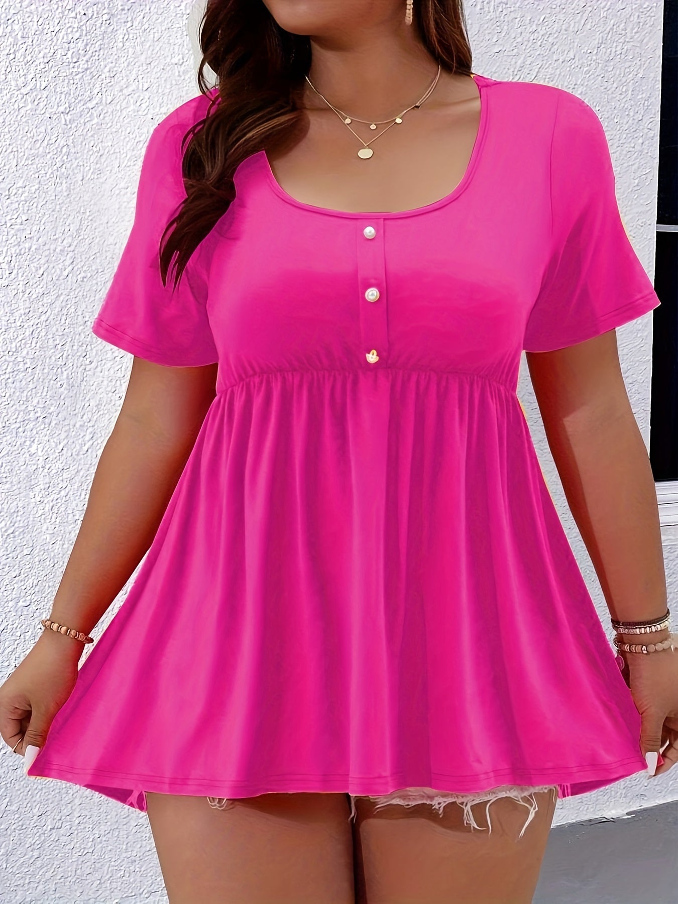 Женская блузка больших размеров черная с пуговицами, короткий рукав, повседневная, эластичная ткань