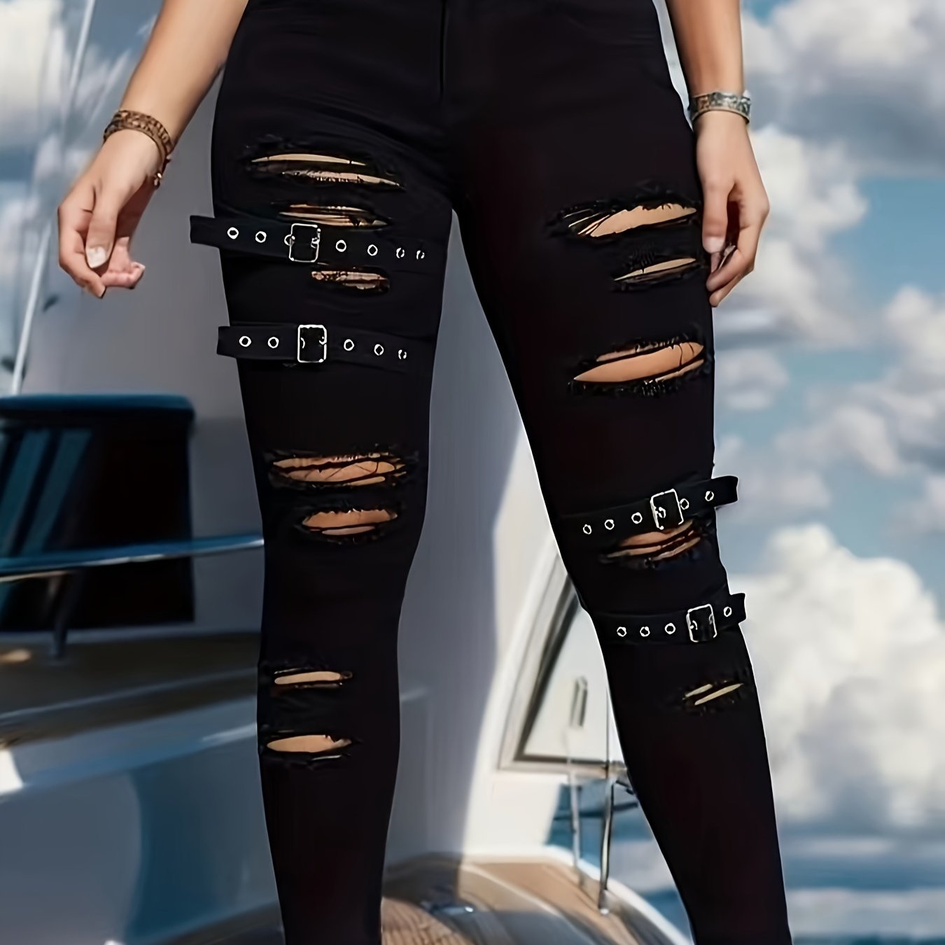 Women's Denim Fitted Black High-Stripe Jeans with Button Details