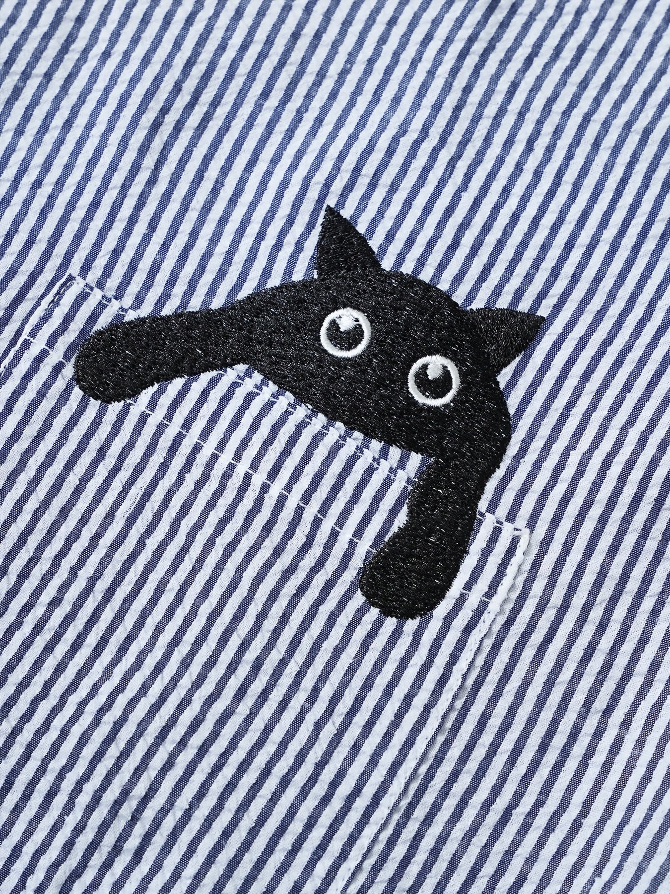 Plus Size Women's Casual Shirt with Cat and Bow Pocket Long Sleeve Striped Pullover