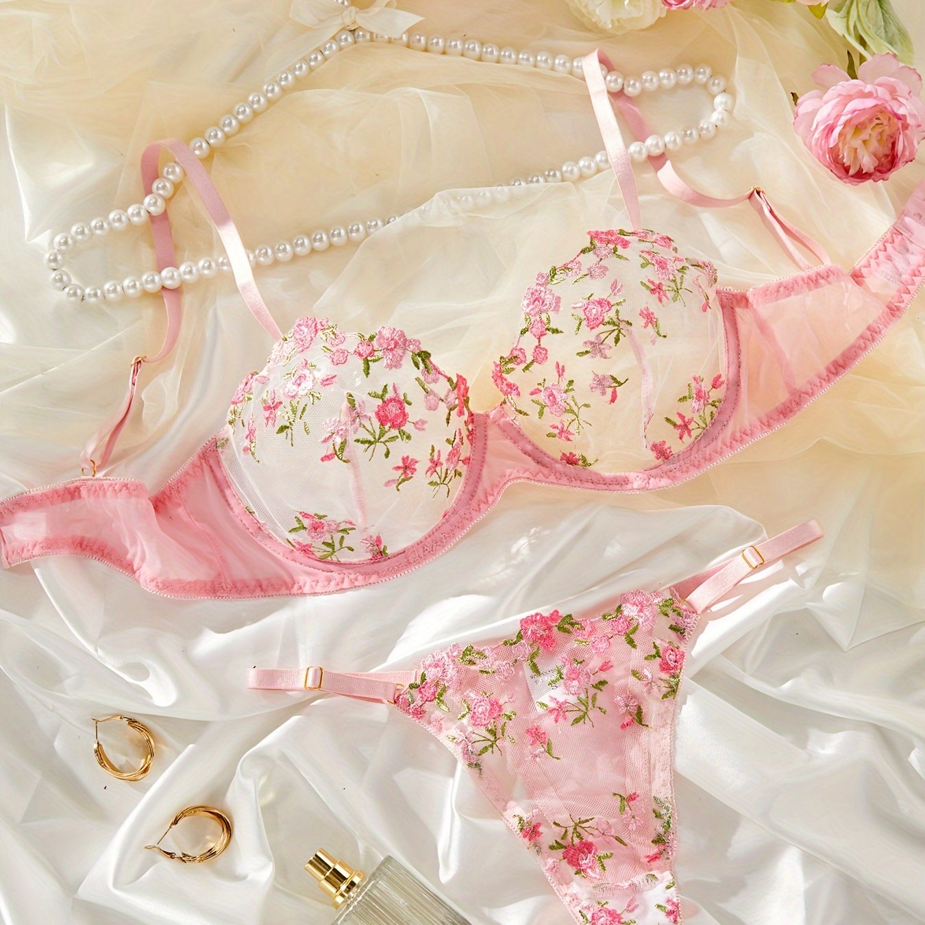 Women's Floral Mesh Lingerie Set with Unlined Bra and Panty