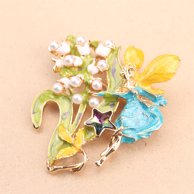 Minimalist Angel Fairy Enamel Brooch with Resin Flowers Irregular Shape Jewelry