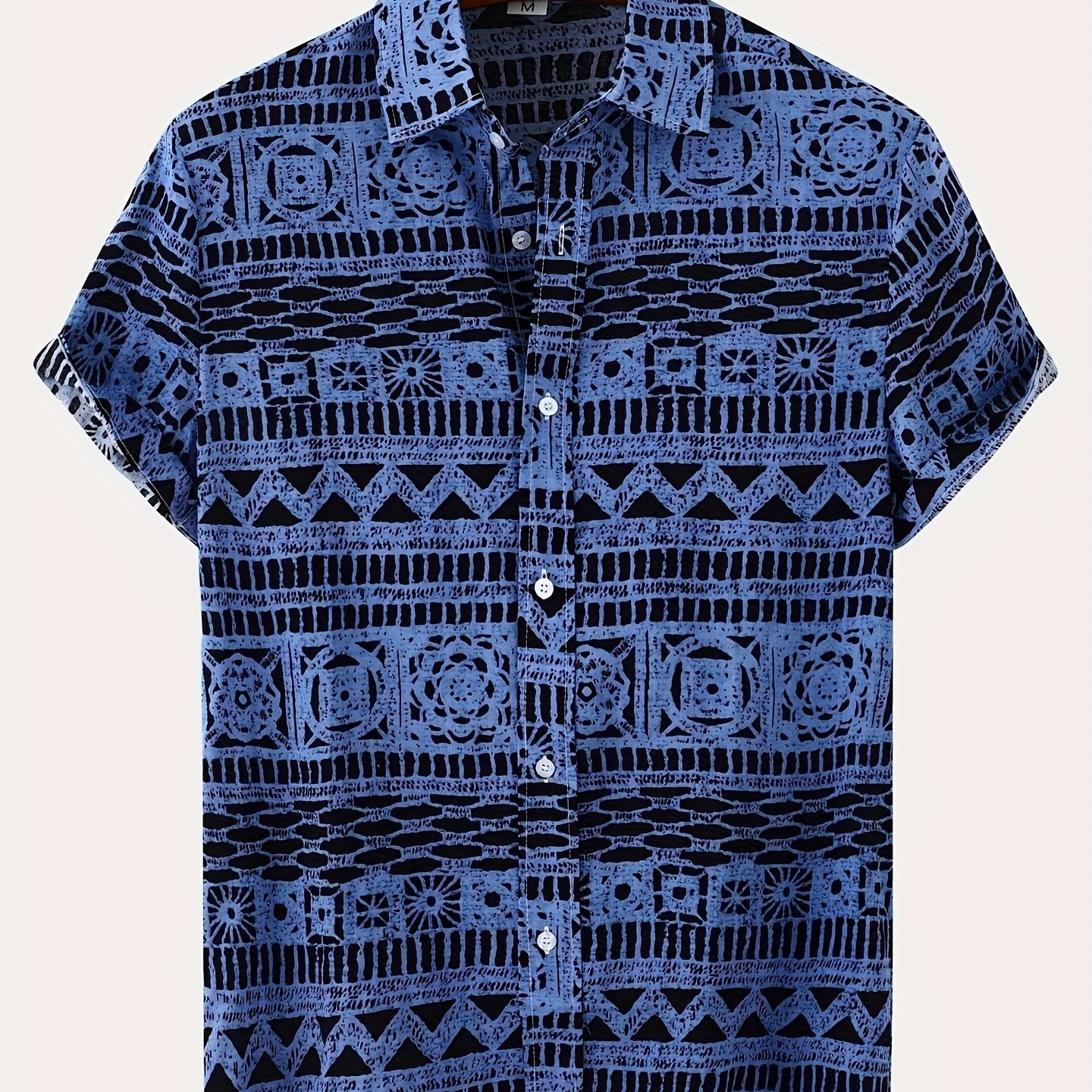 Men's Cotton Blend Short Sleeve Button-Up Shirt with Geometric Print for Summer