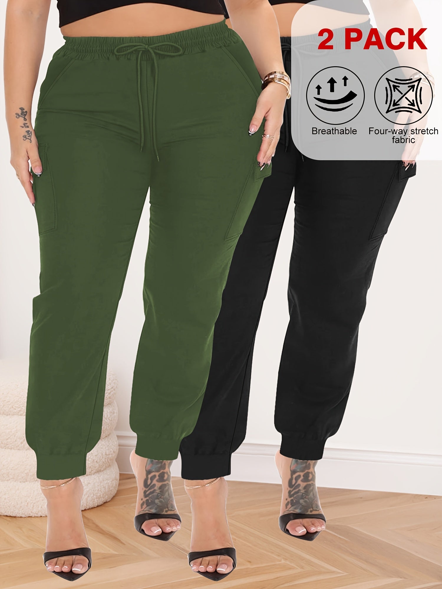 Women's Plus Size High-Waisted Cargo Pants Stretchy Comfortable Drawstring