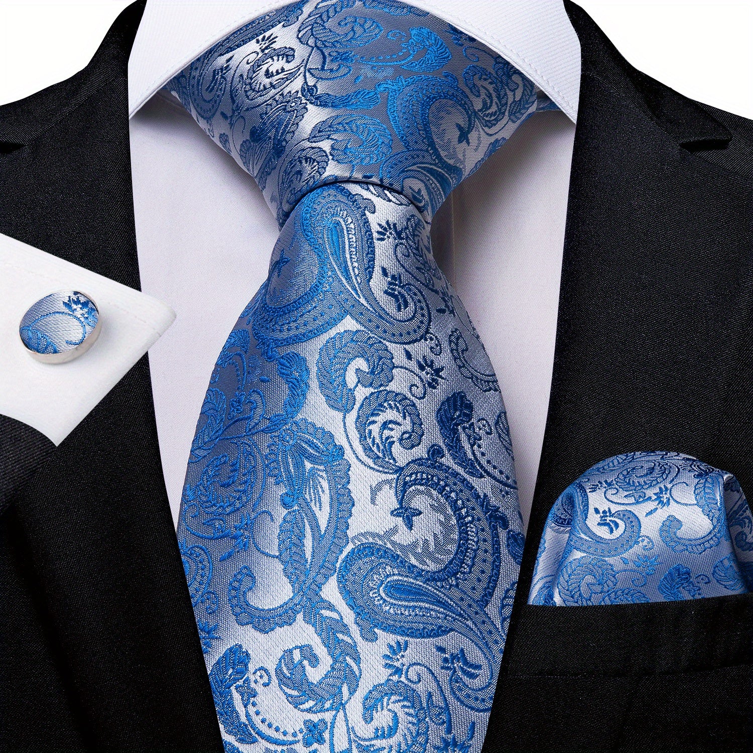 Men's Blue Paisley Striped Tie Handkerchief Cufflinks Wedding Accessories Set