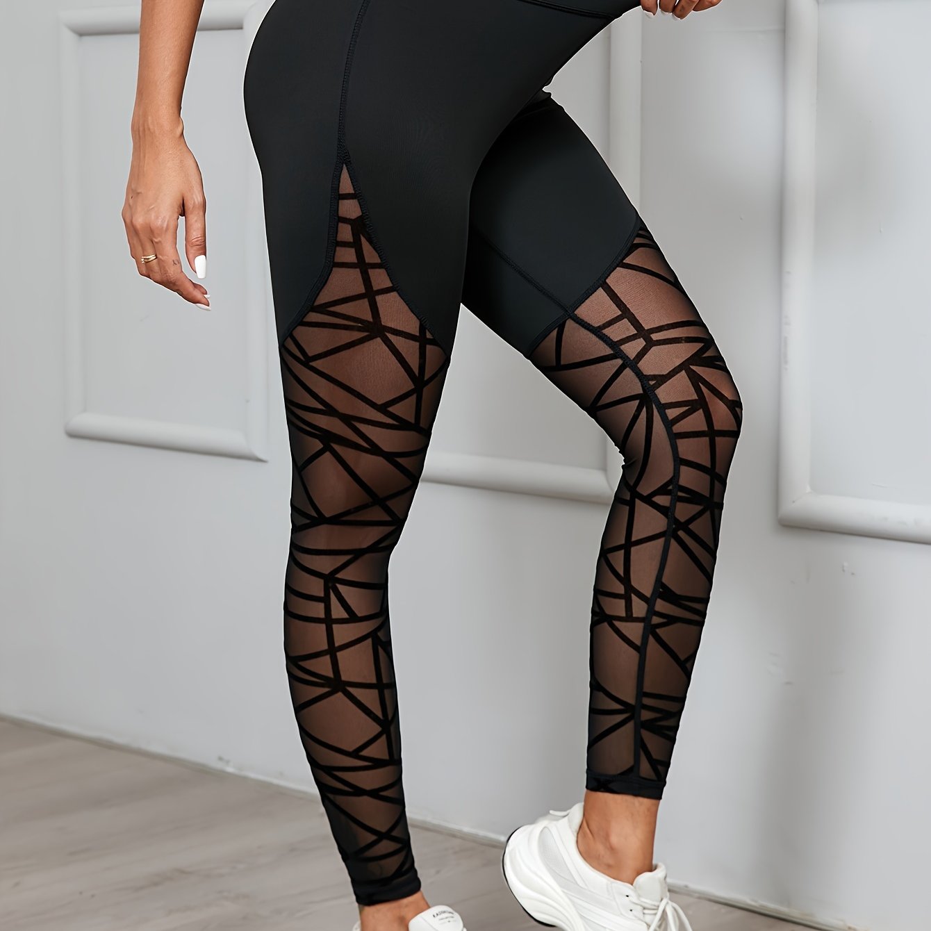 Women's High Waist Geometric Mesh Leggings for Yoga and Fitness Medium Stretch Polyester