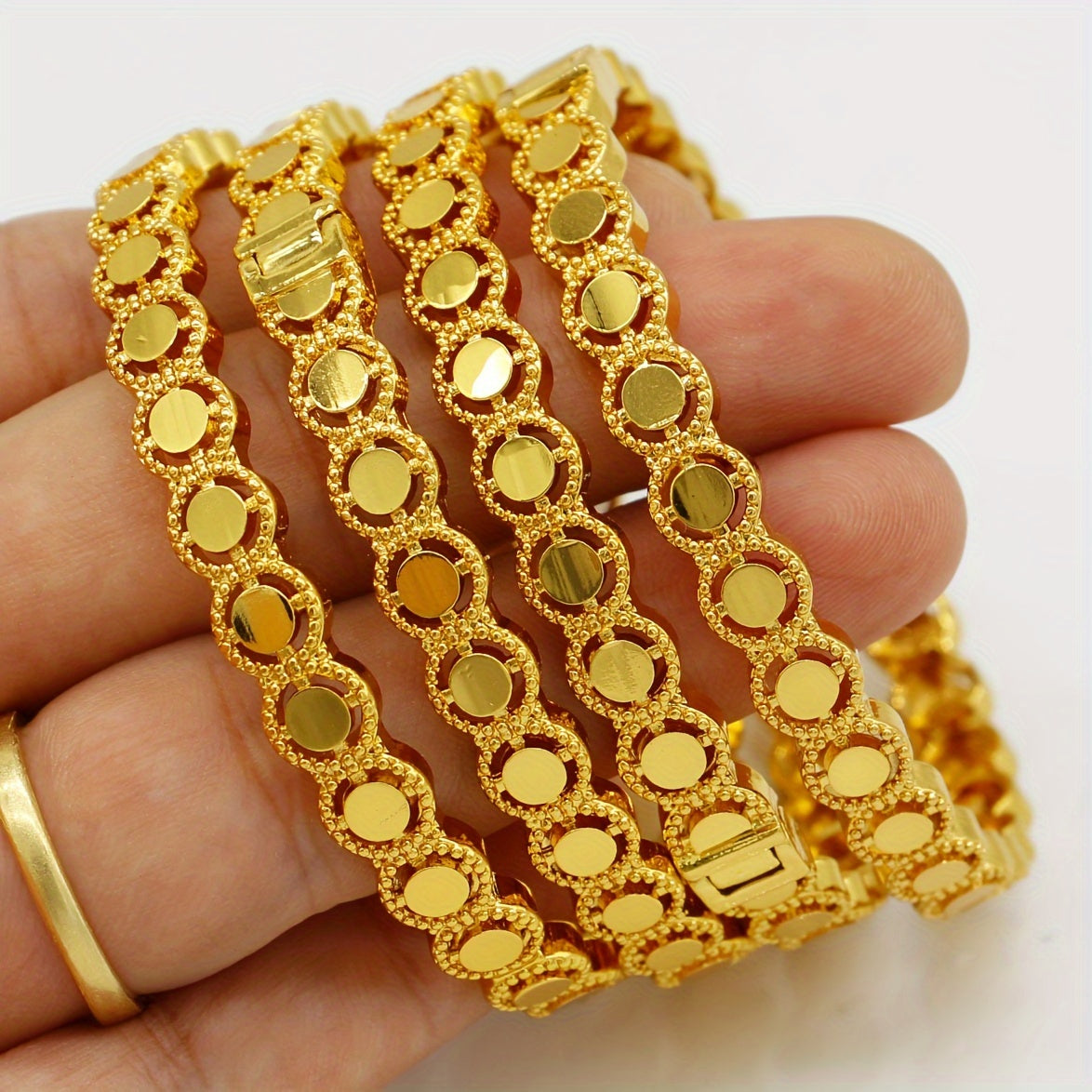 Set of 4 Gold-Plated Copper Cuff Bracelets for Women with Hollow Beads Vintage Jewelry