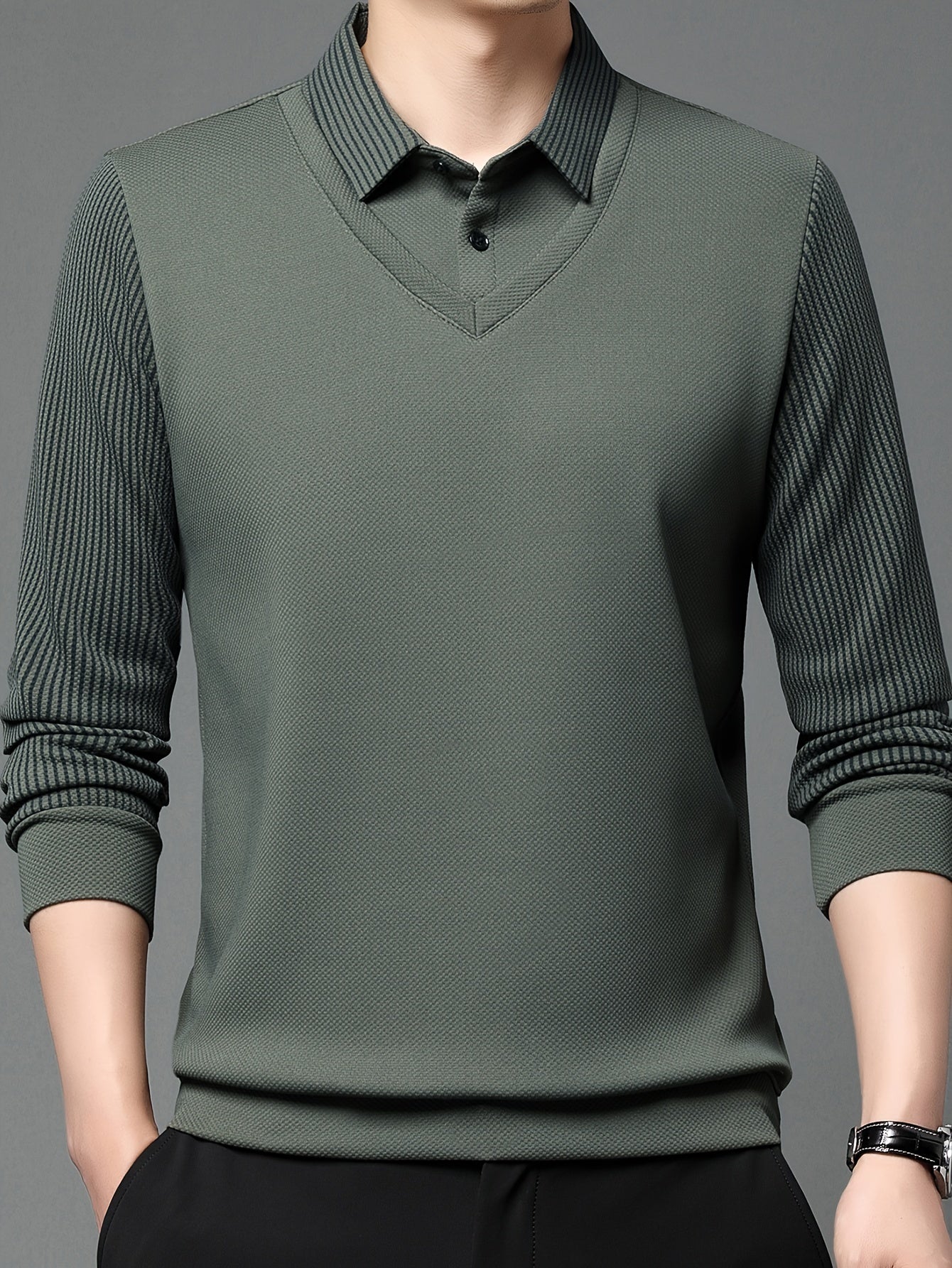 Men's Striped Two-Tone Shirt Long Sleeve Casual Autumn Winter Polyester Spandex