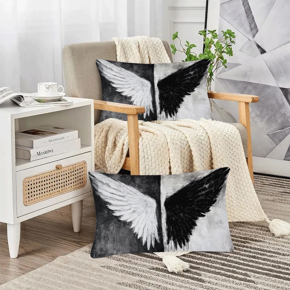 Set of Two Black and White Angel Wings Pillow Covers Polyester Square Cushion Cases Zipper Closure for Sofa Bed Outdoor
