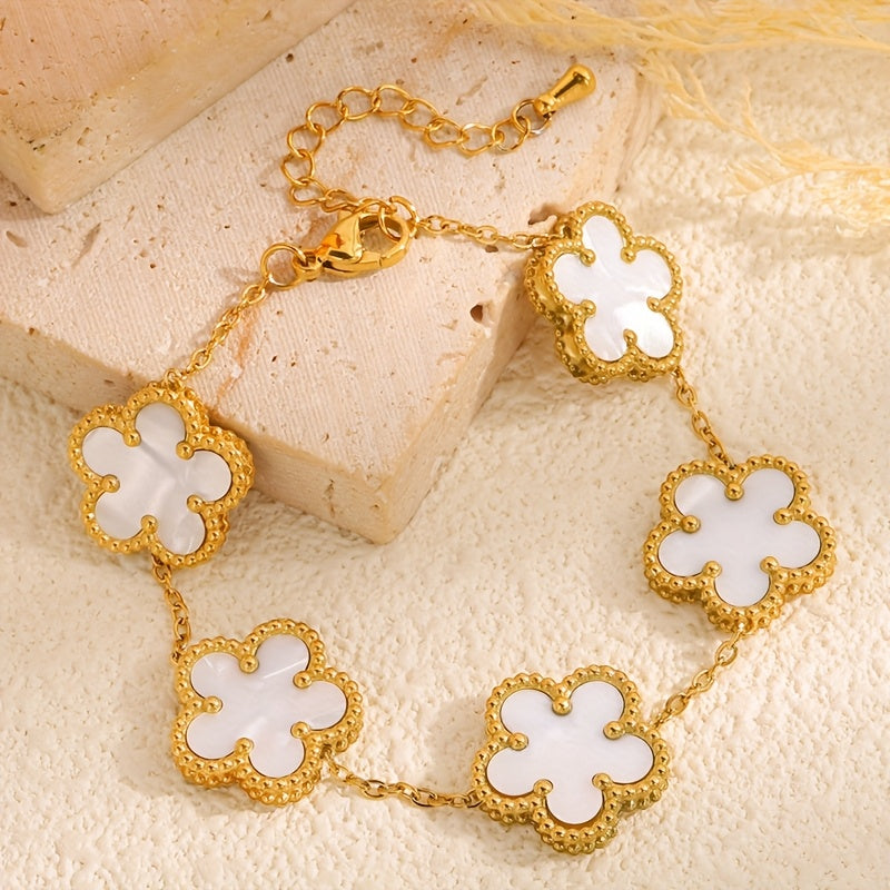Set of 4 Gold Plated Stainless Steel Flower Bracelets with Rhinestones Boho Style for Women