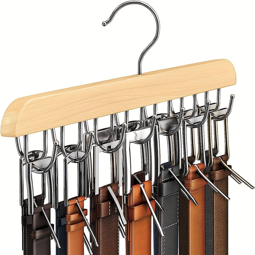 Wooden Wall Organizer with 14 Hooks for Belts Ties Scarves and Accessories