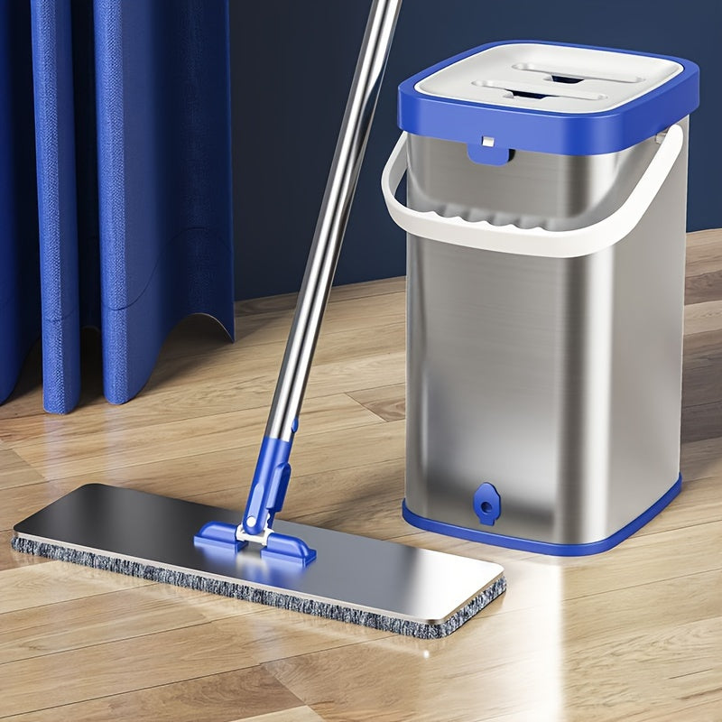 Набор для уборки из нержавеющей стали с ведром - включает в себя швабру с плоской насадкой для мытья без рук, швабру для удаления пыли, влажную и сухую уборку для плитки, мрамора и деревянных полов - полный комплект средств и инструментов для уборки