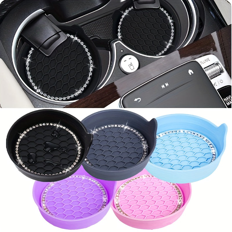 2PCS Silicone Car Cup Coasters Non-Slip Rhinestone Interior Accessories