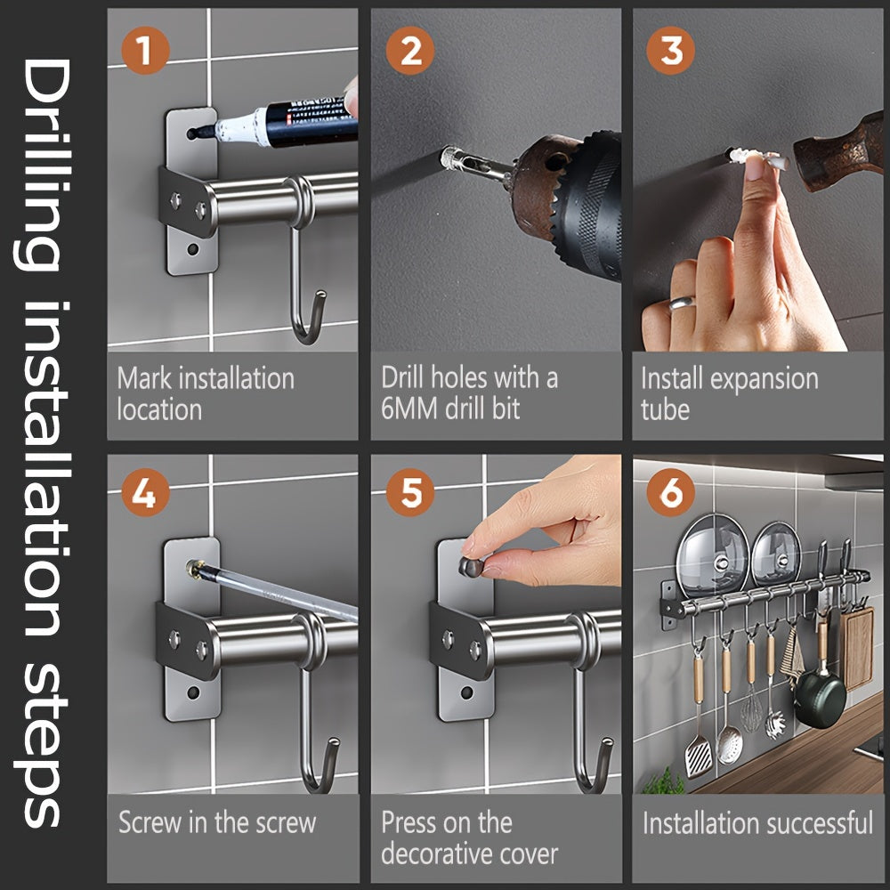 Wall-Mounted Steel Storage Rack with Hooks for Kitchen and Entryway Organizer