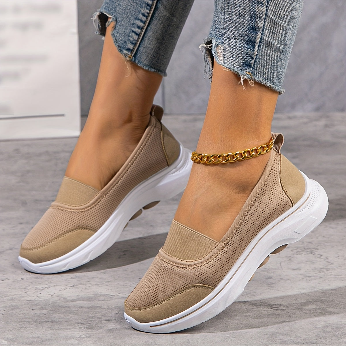 Women's Casual Mesh Slip-On Sneakers, Solid Color, Non-Slip Soft PVC Sole