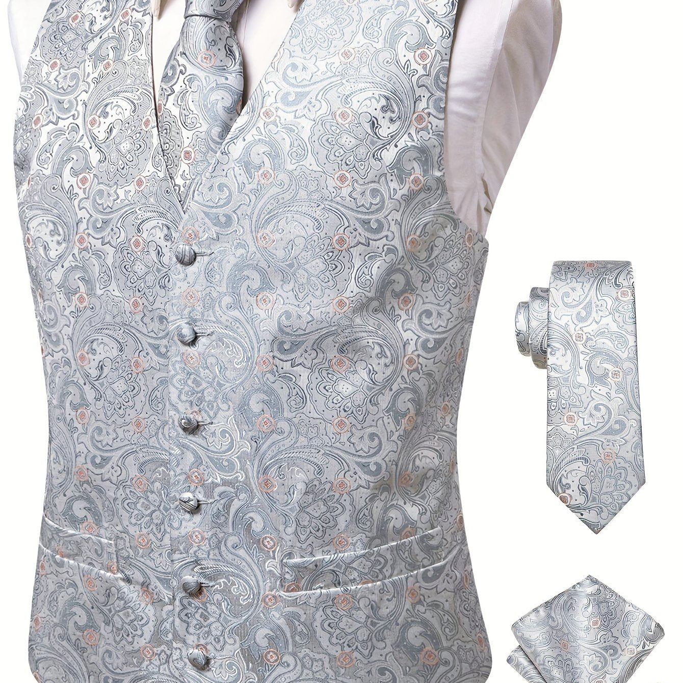 Men's Large Size White Paisley Pattern Accessories Set Waistcoat Necktie Hanky Cufflinks