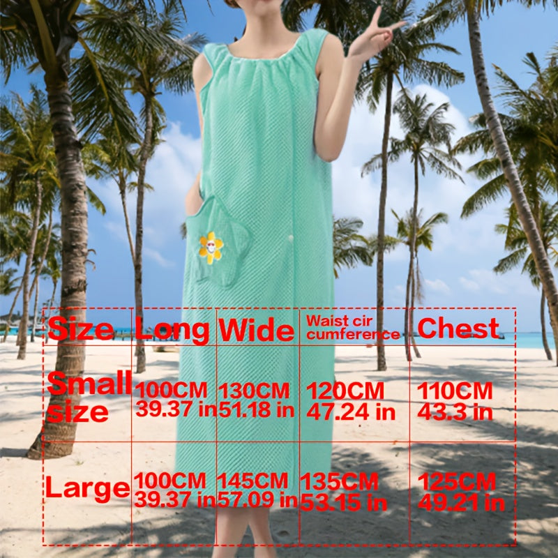 Hashamatli koral fliys ayollar uchun hammom sochiq koftasi, qo'shimcha uzun, ultra-sorbent, yelkasiz va gullar bilan cho'ntakli. Uyda foydalanish uchun mukammal, ko'k yoki yashil rangda.