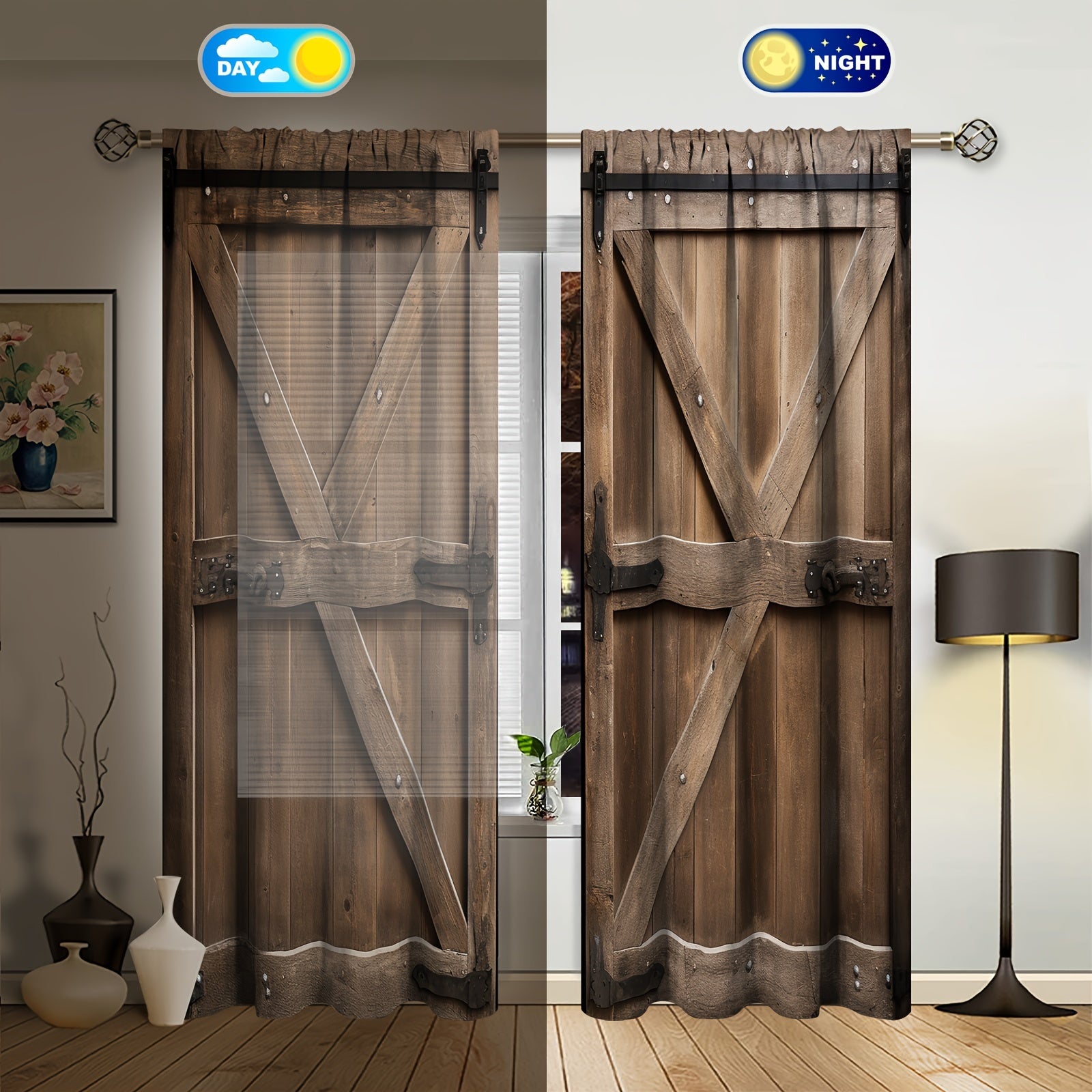 Paneles de cortina de puerta de granero de estilo vintage para granja, con filtro de luz, poliéster twill, bolsillo para barra