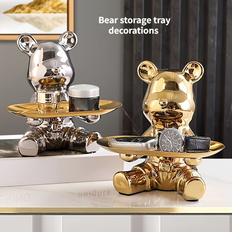 Ceramic Bear Figurine with Metal Tray Modern Home Decor Key Organizer