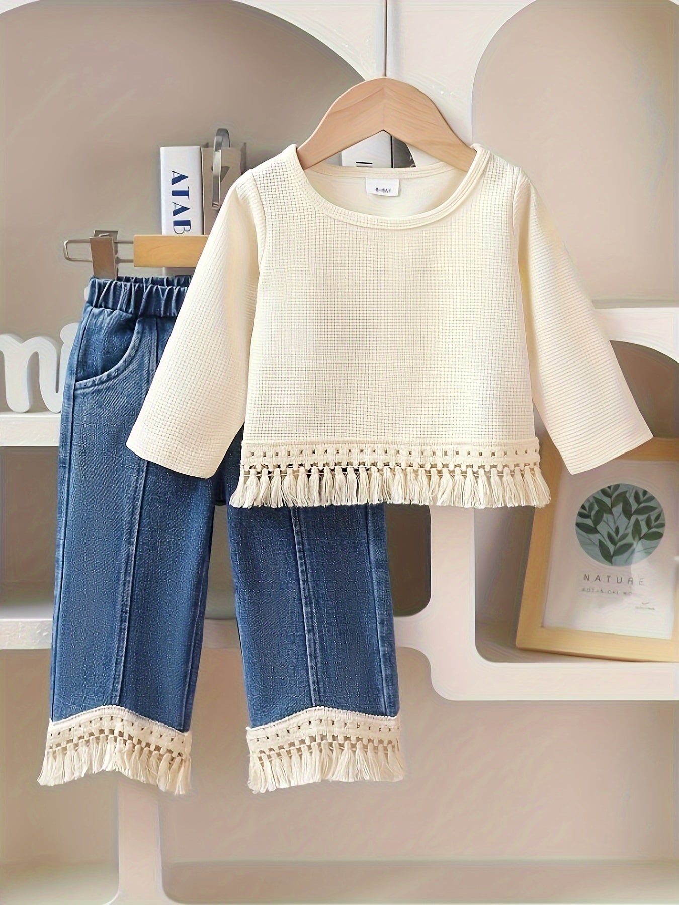 Girls' Fall Winter Tassel Top and Pants Set Long Sleeve Polyester Blend Casual 0-3 Years