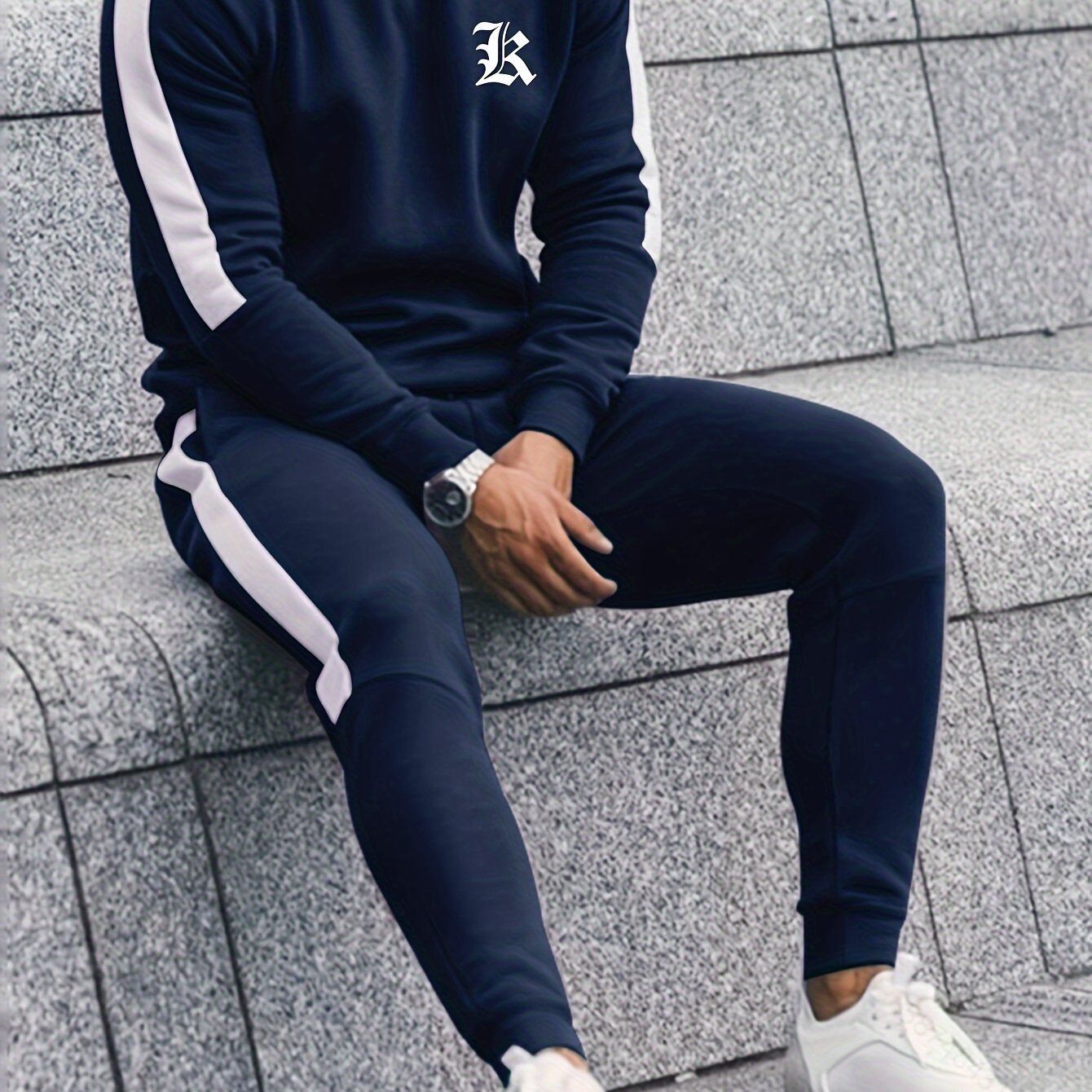 Men's Polyester Casual Tracksuit with Letter Print Crew Neck Sweatshirt and Joggers for Fall Winter