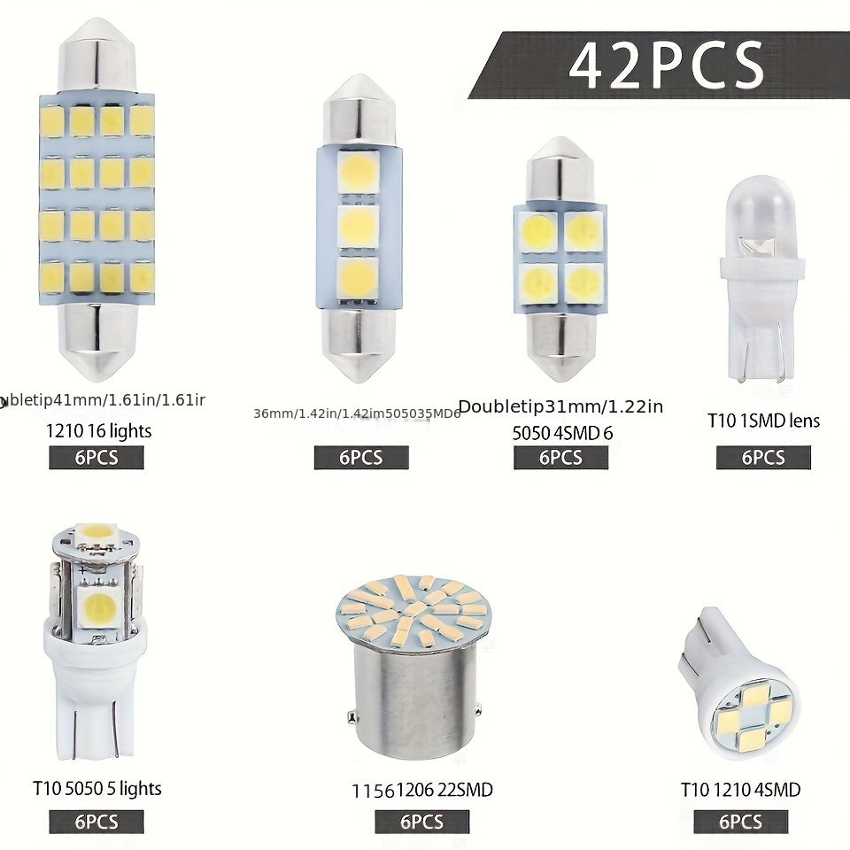 42 dona avtomobil ichki LED chiroq to'plami, oq, 12V, energiya tejovchi, oson o'rnatish
