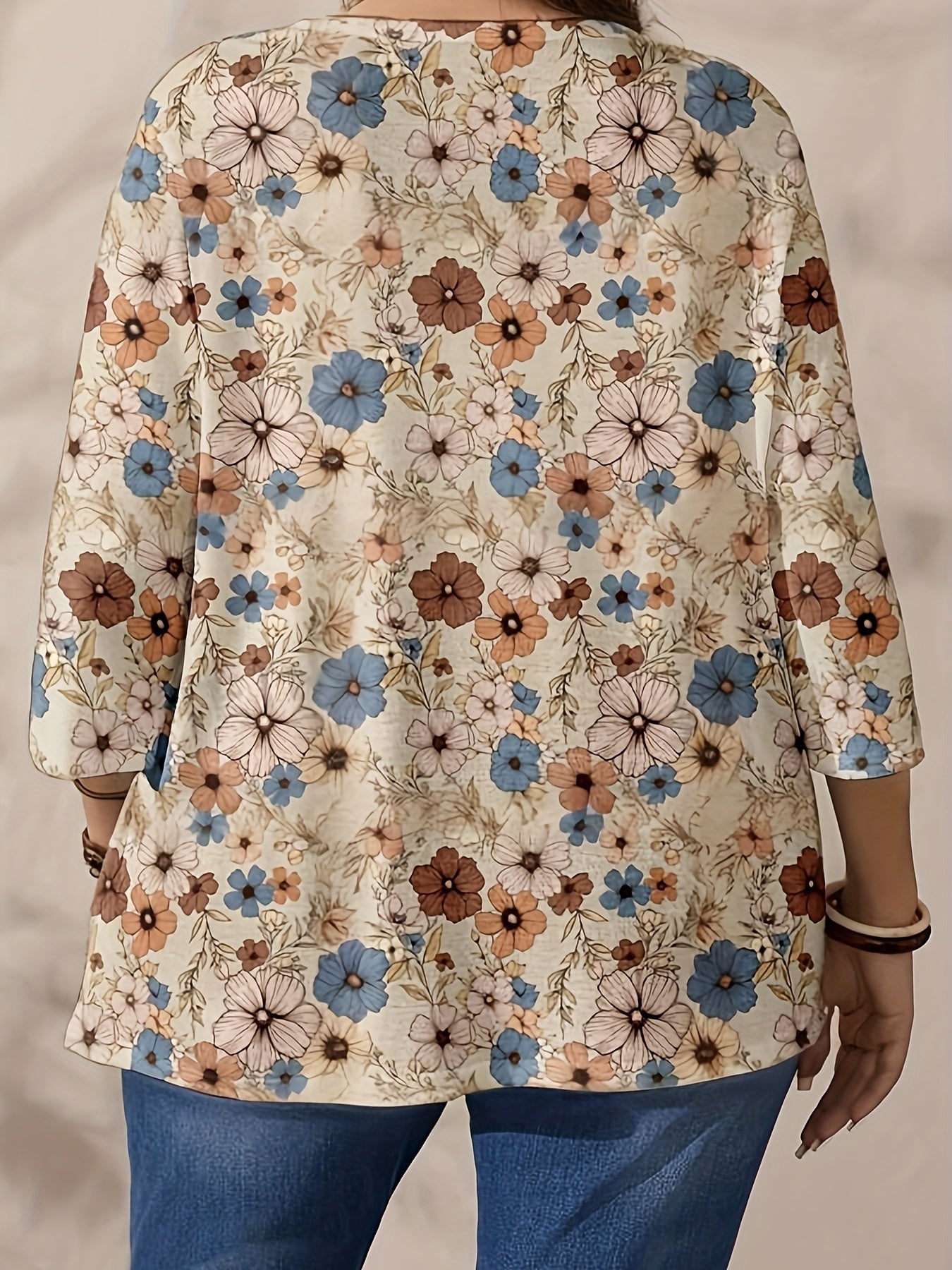 Women's Large Size Elegant Printed Top Polyester Spandex Knit Notched Collar