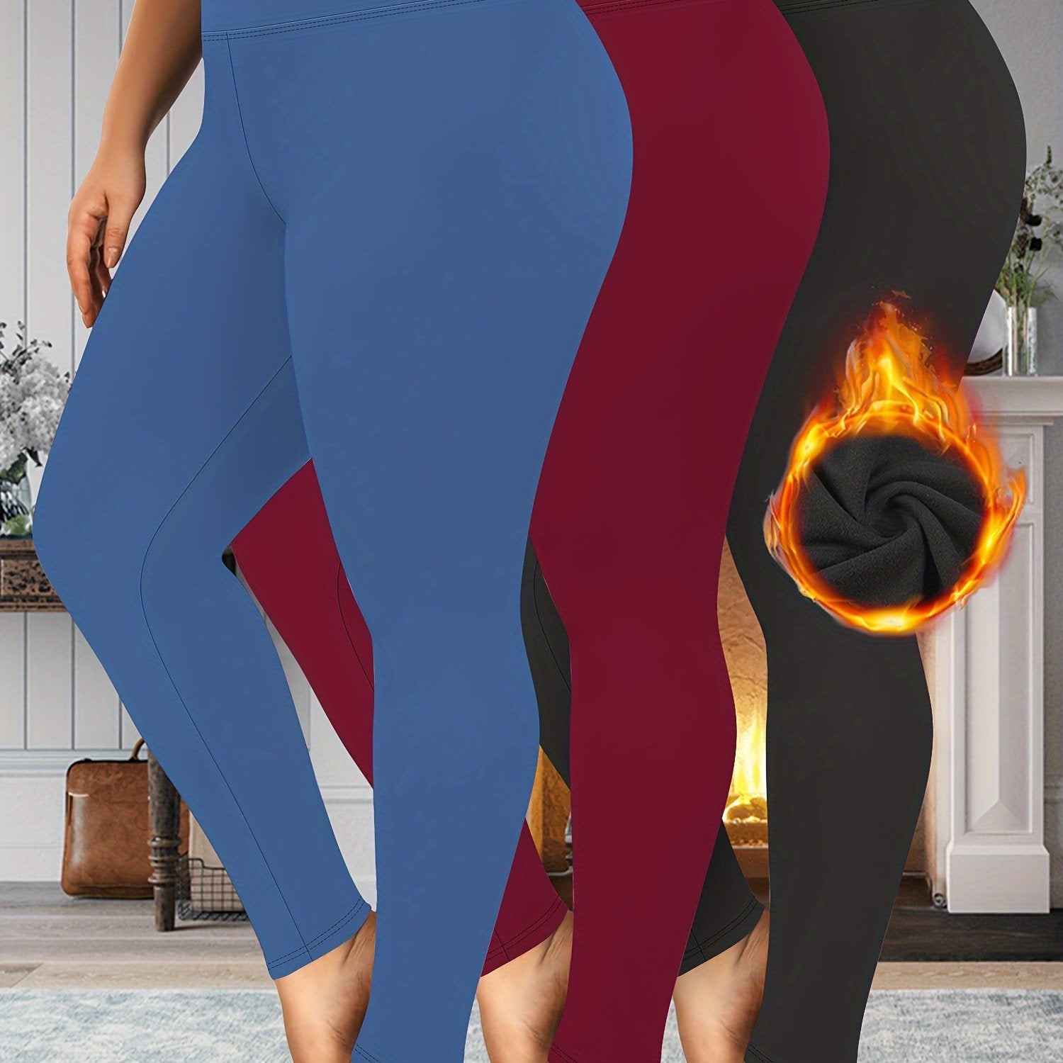 Leggings de talla grande para mujer con cintura alta y forro de felpa para otoño e invierno cálido