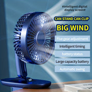 Portable USB Fan with Clamp and Stand, Handheld Shaking Head, Rechargeable Battery