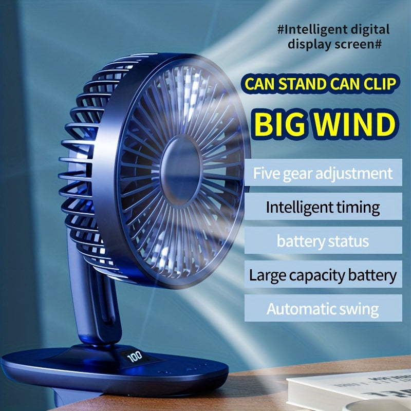 Portable USB Fan with Clamp and Stand, Handheld Shaking Head, Rechargeable Battery