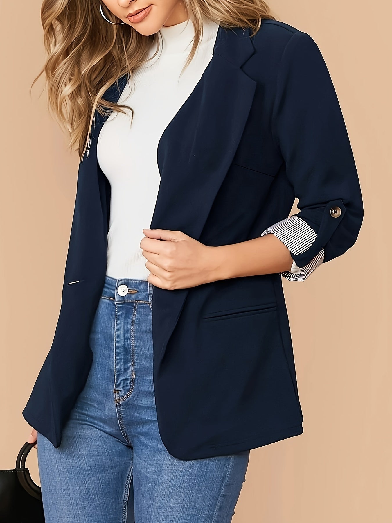 Women's Striped Knit Blazer with Lapel Collar and Color Block Details for Spring Fall