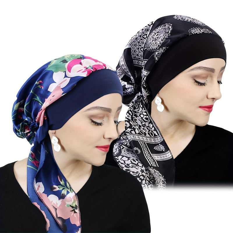 Women's Satin Printed Turban Caps Pack of Two with Stretchy Wide Band for Sleeping and Casual Wear