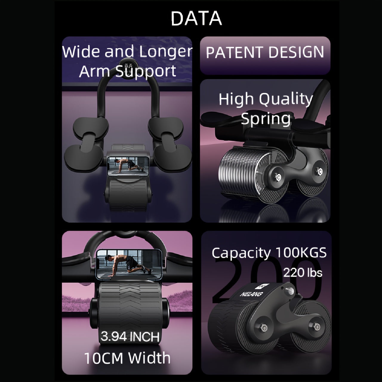 Автоматический ролик для пресса с возвратом для фитнеса, укрепления корпуса, с подсчетом и накладками на локти