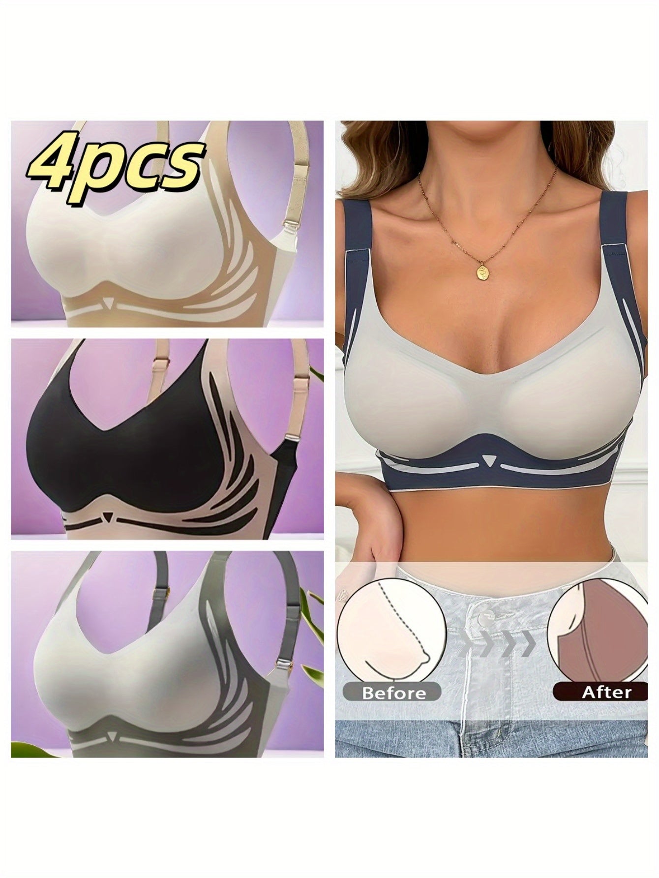 Plus Size Women's Summer Seamless Bra Set with Pattern and Color Block
