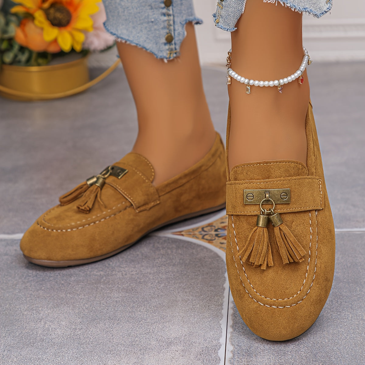 Women’s Slip-On Loafers Beige Floral Fringe Cushioned PU Insole