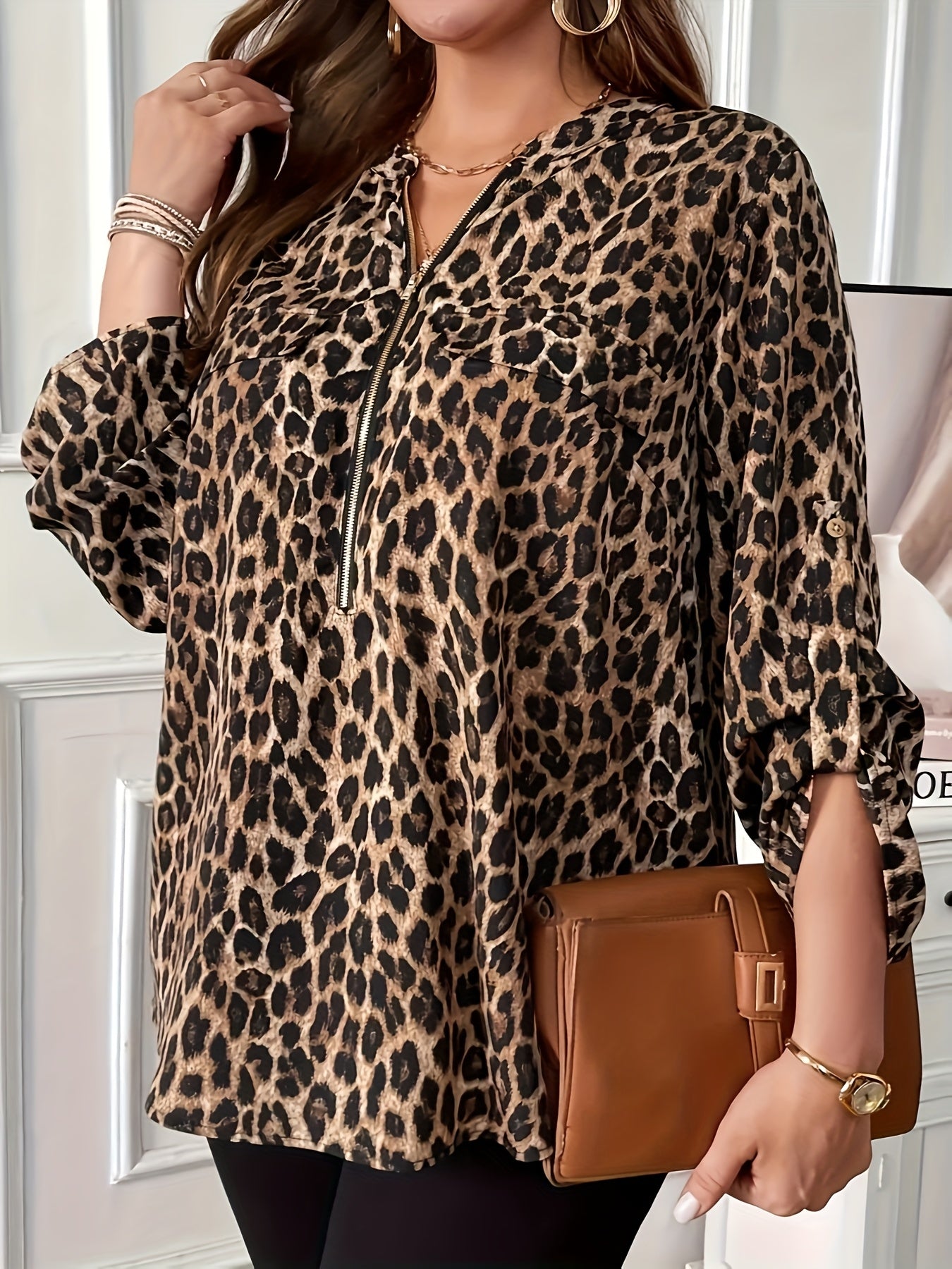 Plus Size Leopard Print V-Neck Blouse with Zipper Long Sleeve Casual Top