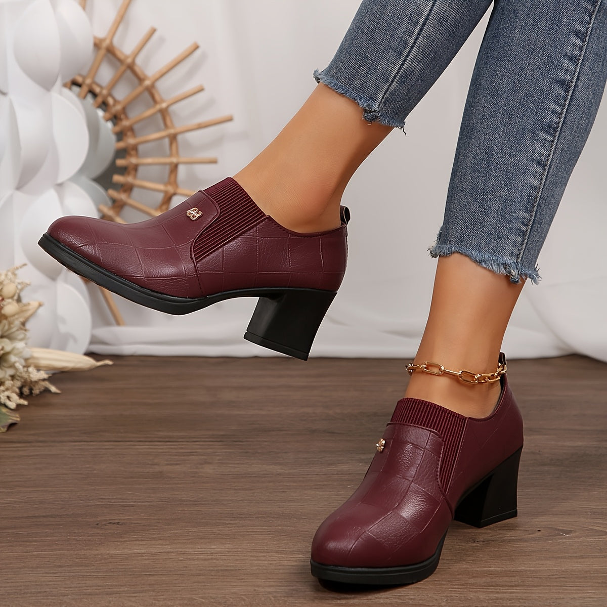 Women's Pointed Toe Pumps Solid Color High Heel Block Shoes Fabric Inner