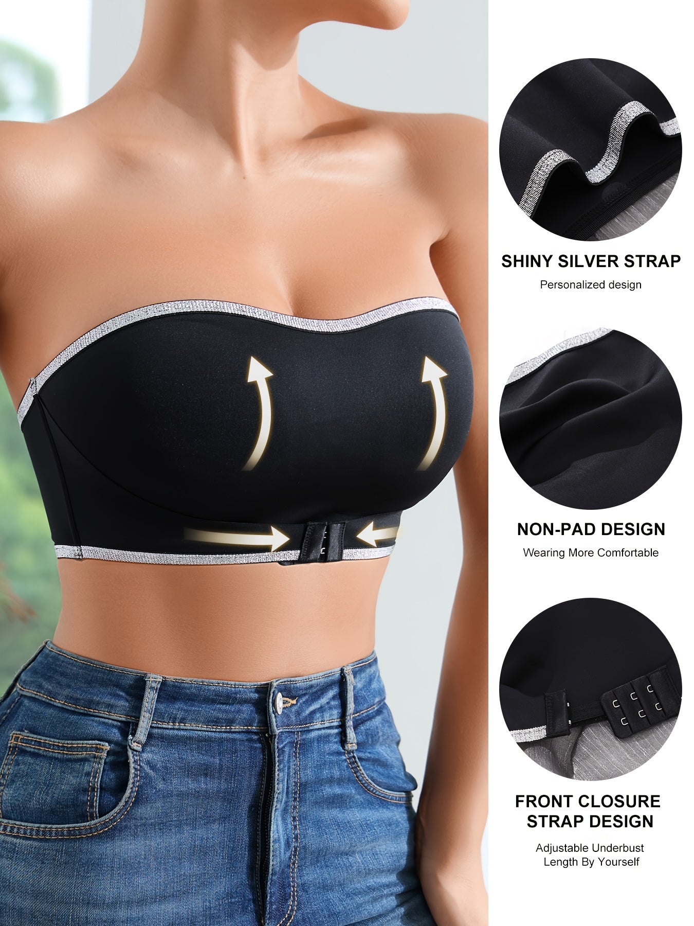 Seamless Glitter Tape Wireless Push-Up Bra for Women with Front Closure