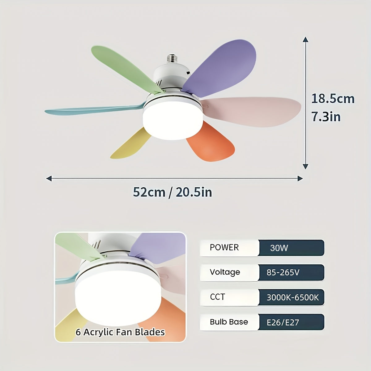 Dimmable E26/E27 Ceiling Fan with Remote Control for Bedroom Kitchen Living Room