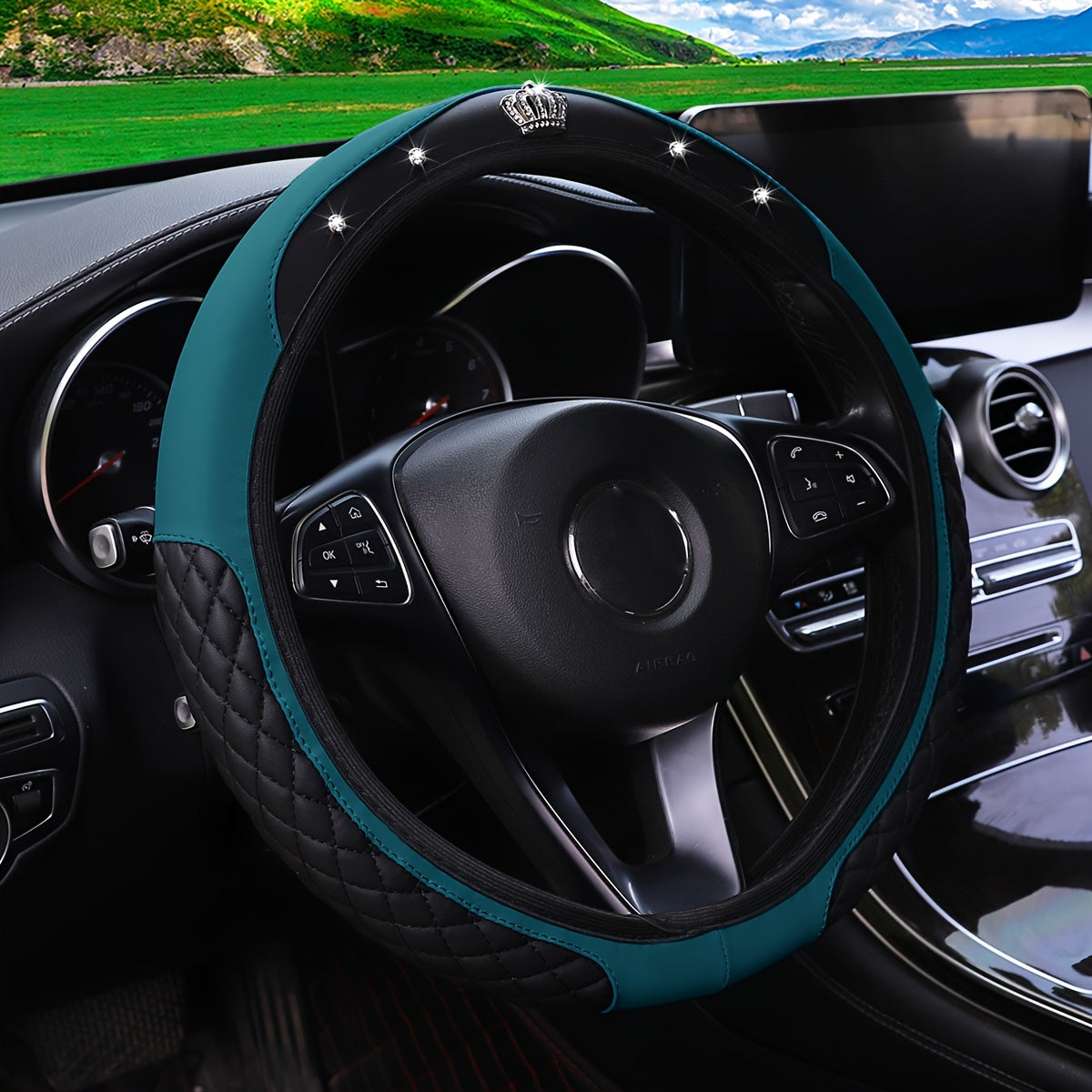 Rangli rhinestone bilan bezatilgan rul qopqog'i, yopishqoqsiz charm, 36.83-38.1 sm ga mos keladi