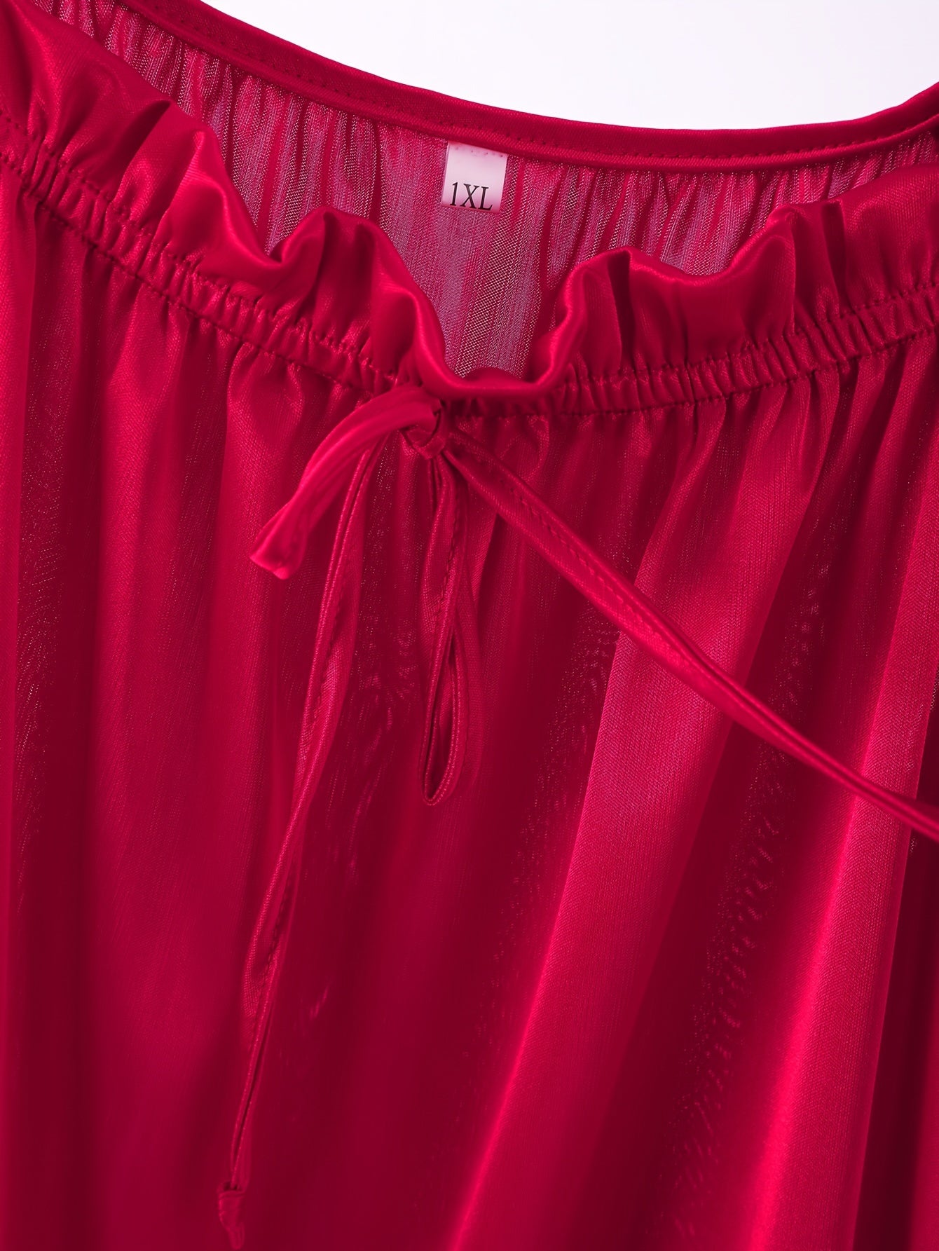 Women's Satin Sleep Dresses with Lace Trim Square Neck Short Sleeve Nightgowns in Red and Black Polyester Blend