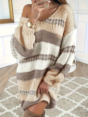 Plus Size Color Block Sweater Dress Knitted V-Neck Long Sleeve Fall Winter Women
