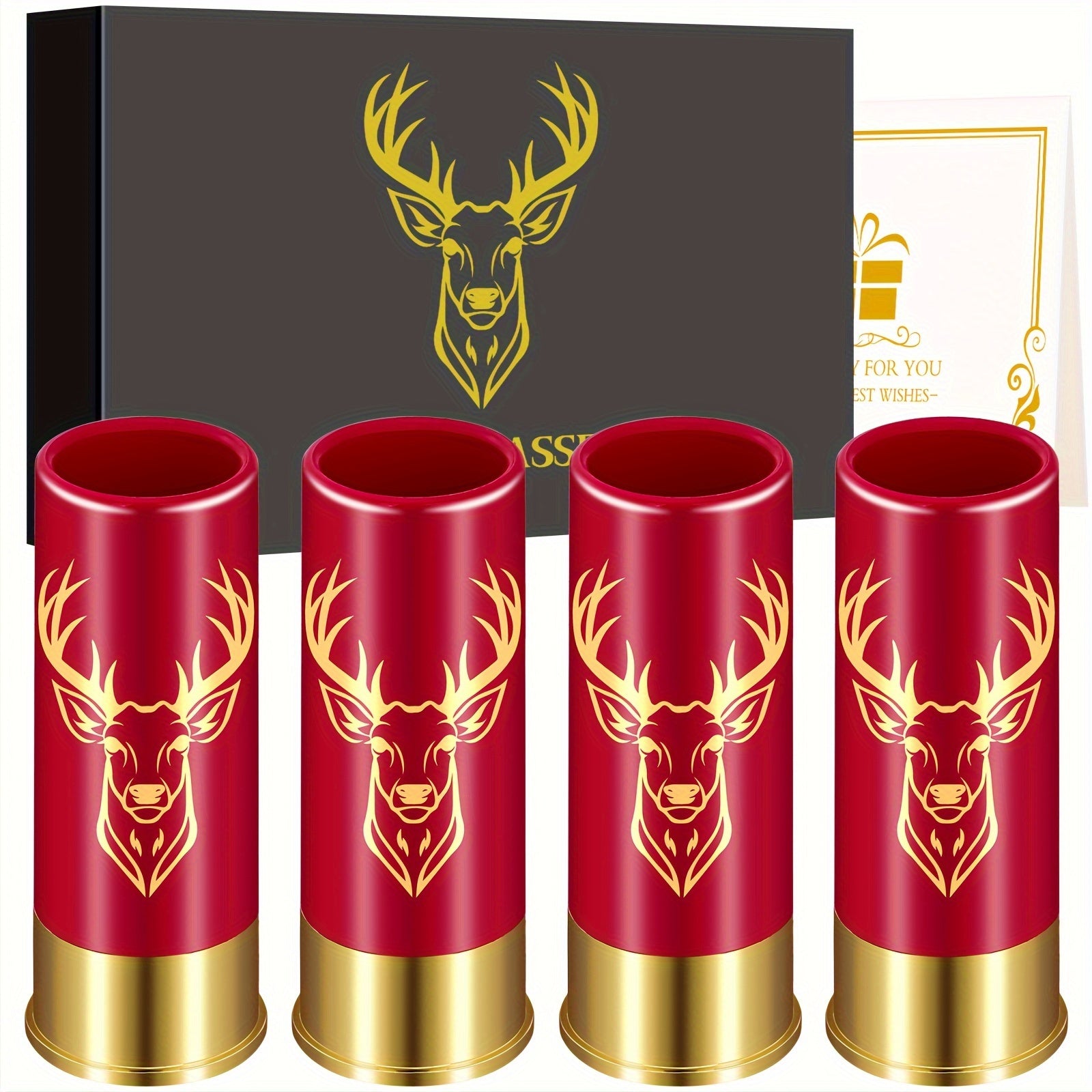 Set of 4 Reusable Plastic Shot Glasses with Deer and Skull Designs and Bullet-Shaped Cups