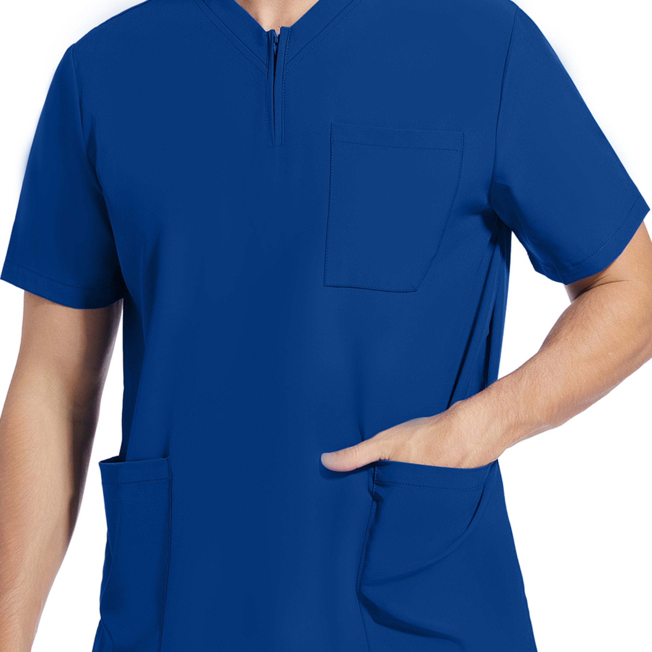 Men's Short Sleeve Stretch Work Uniform Lab Shirt with Pockets V-Neck Polyester