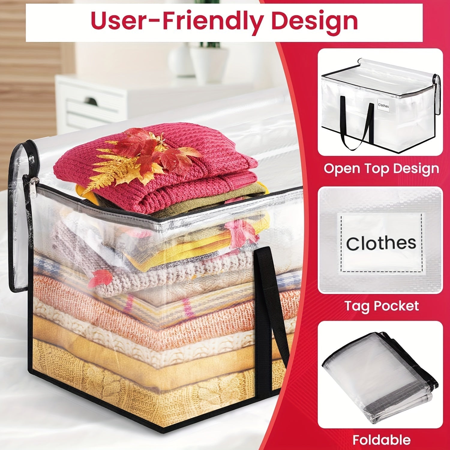 1-dona Og'ir Duty Shaffof Saqlash Sumkasi Mustahkam Zipperlar va Qo'llar bilan - Suv o'tkazmaydigan, Qaytargich Harakat Sumkasi O'rash va Tashkil etish uchun, Yostiq ostida saqlash uchun Qisqa Dizayn