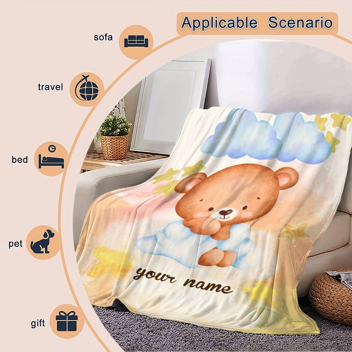Personalized Cartoon Bear Print Flannel Throw Blanket for Home Decor and Gifts