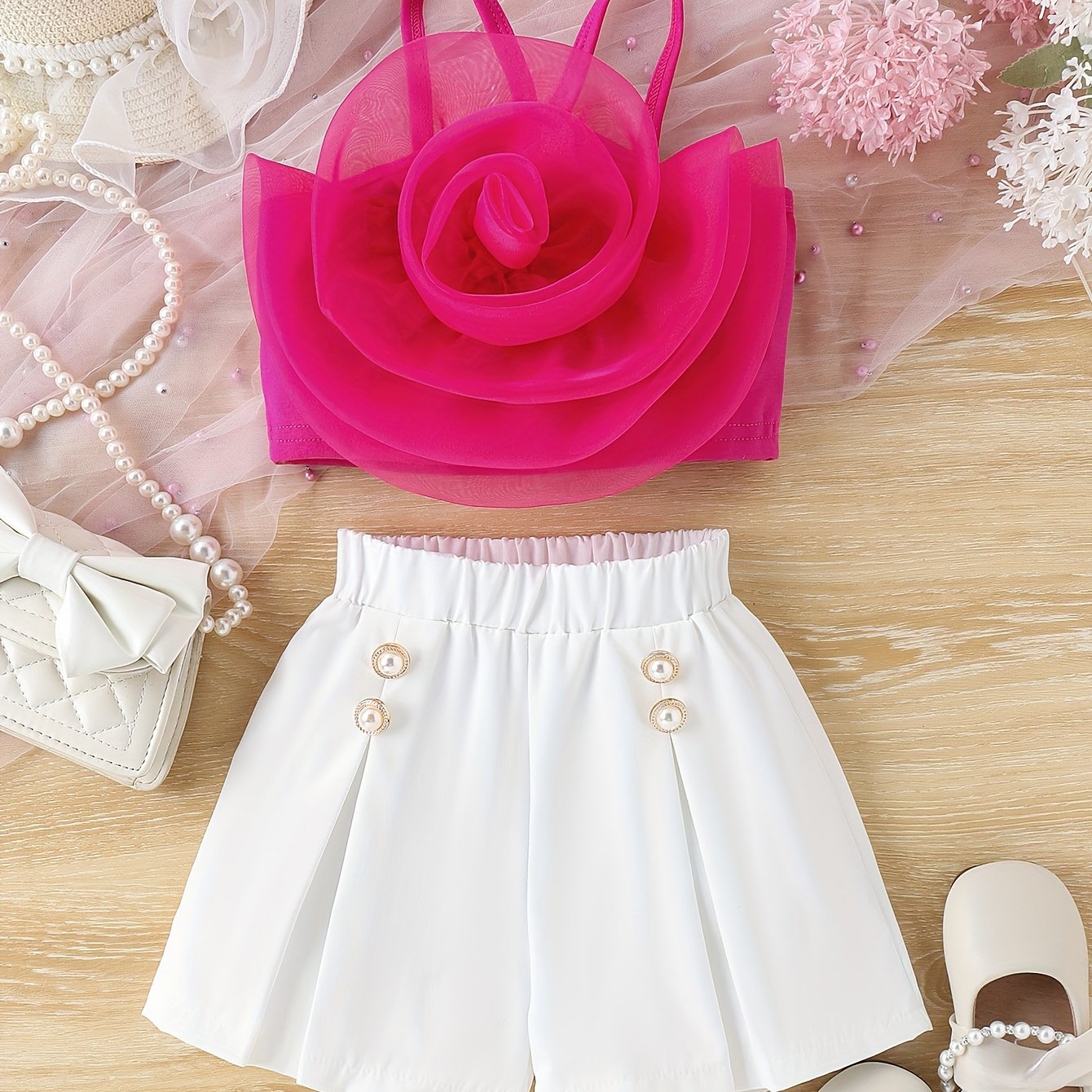 Girls Summer Outfit 3D Rose Floral Camisole and Shorts Set Polyester Casual for Kids