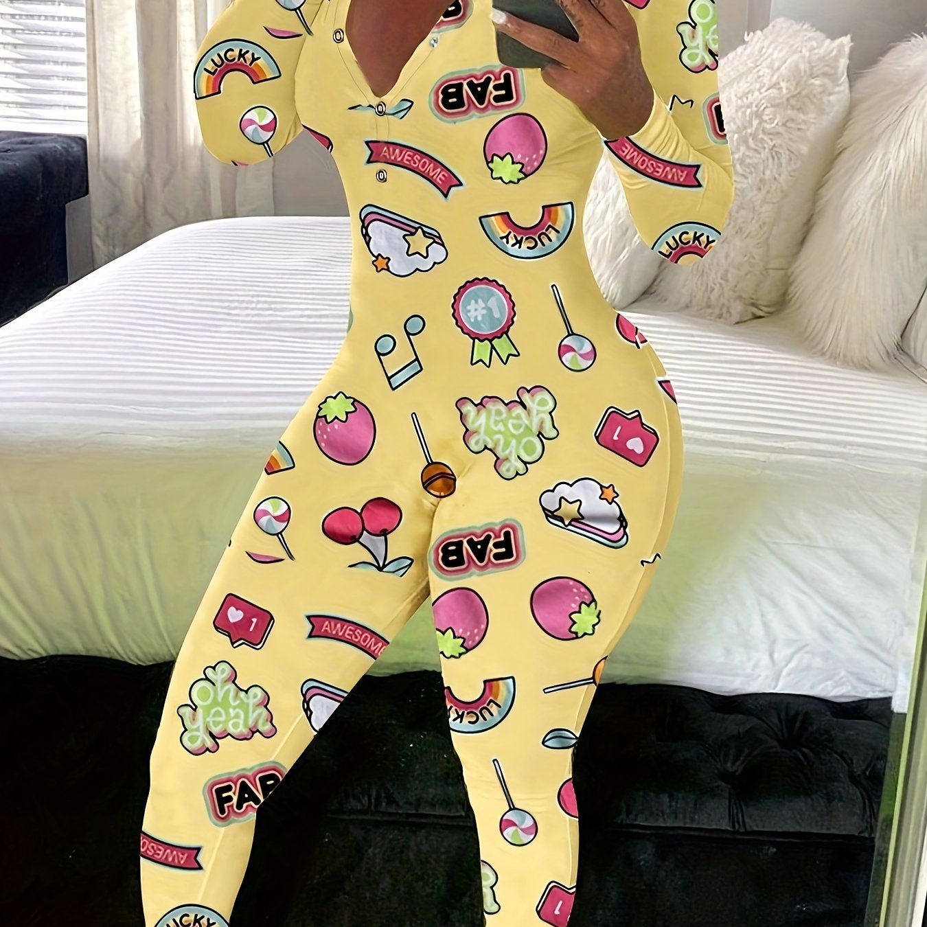 Women's Lounge Jumpsuit Polyester Casual V-Neck Long Sleeve Button Print