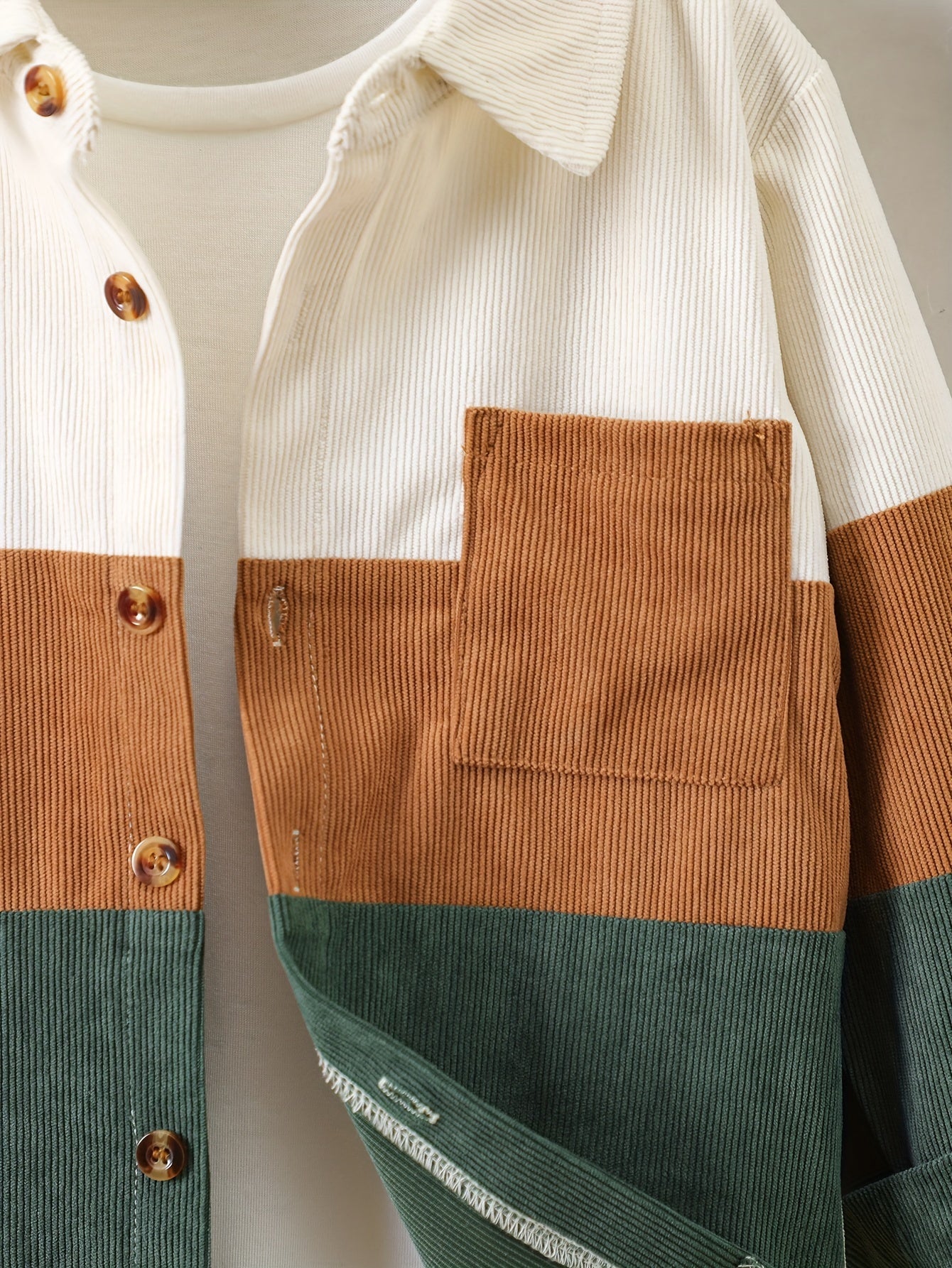 O'g'il bolalar uchun korduroy ko'ylak, uzun qo'l, rang-blok, kundalik, erkin o'lcham, cho'ntaklar, bahor va kuz