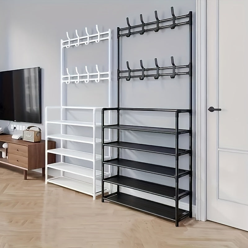 Organizador de entrada multifuncional con estante de metal y ganchos para chaquetas y zapatos