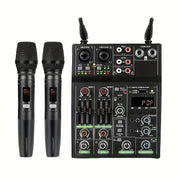 UHF mikrofon tizimi bilan 4-kanalli audio mikser, USB bilan quvvatlanadigan alloy qora, sahna, karaoke, jonli chiqishlar uchun